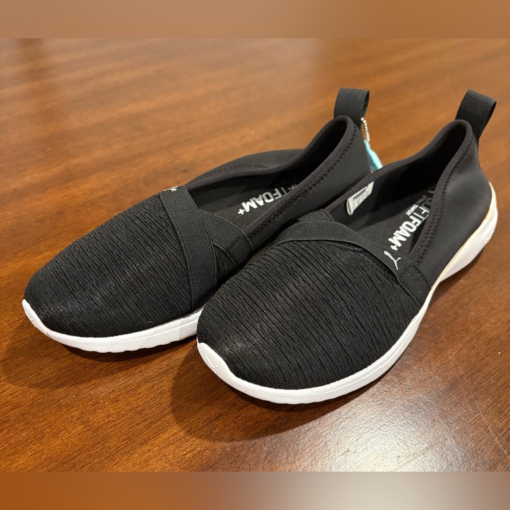 PUMA Adelina Ballerina Black and White Slip-On Lightweight Breathable Sneakers - Picture 3 of 10